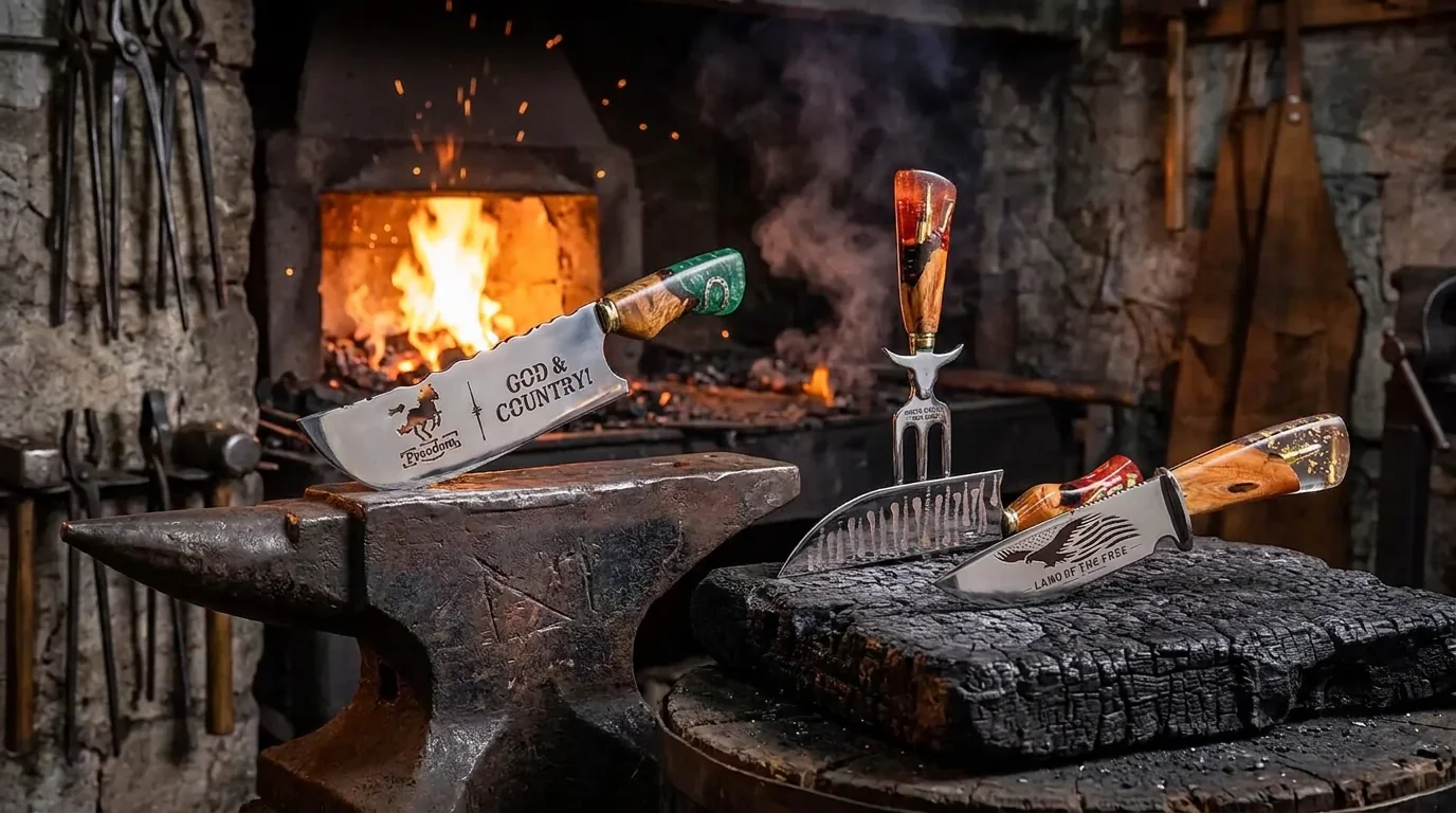 Freshly forged collection pieces resting on the anvil before the glowing furnace